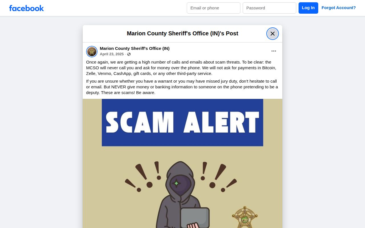 Marion County warrant scam warning from the Sheriff's Office